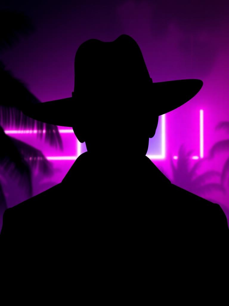 Silhouette of a mysterious figure in a wide-brimmed hat against neon light