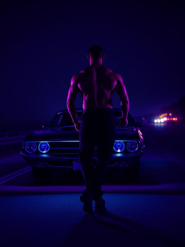Silhouette of a muscular figure beside a vintage car at night