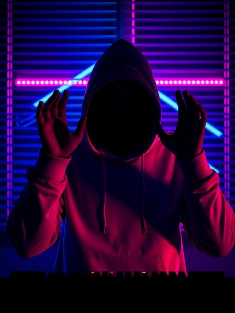 Silhouette of a hooded figure at a keyboard under neon light