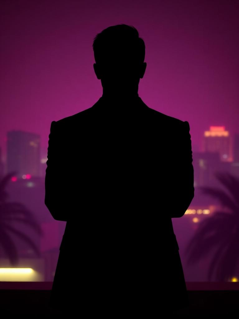 Silhouette of a figure in a suit against a rooftop neon backdrop