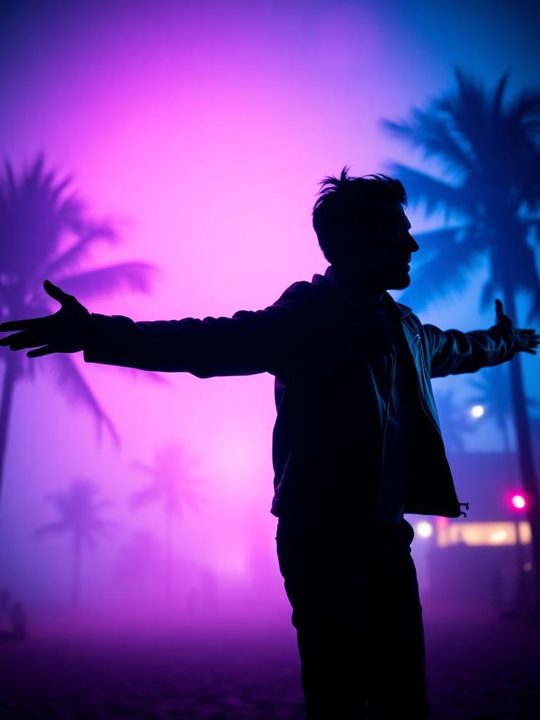 Silhouette of a figure in a leather jacket with arms outstretched