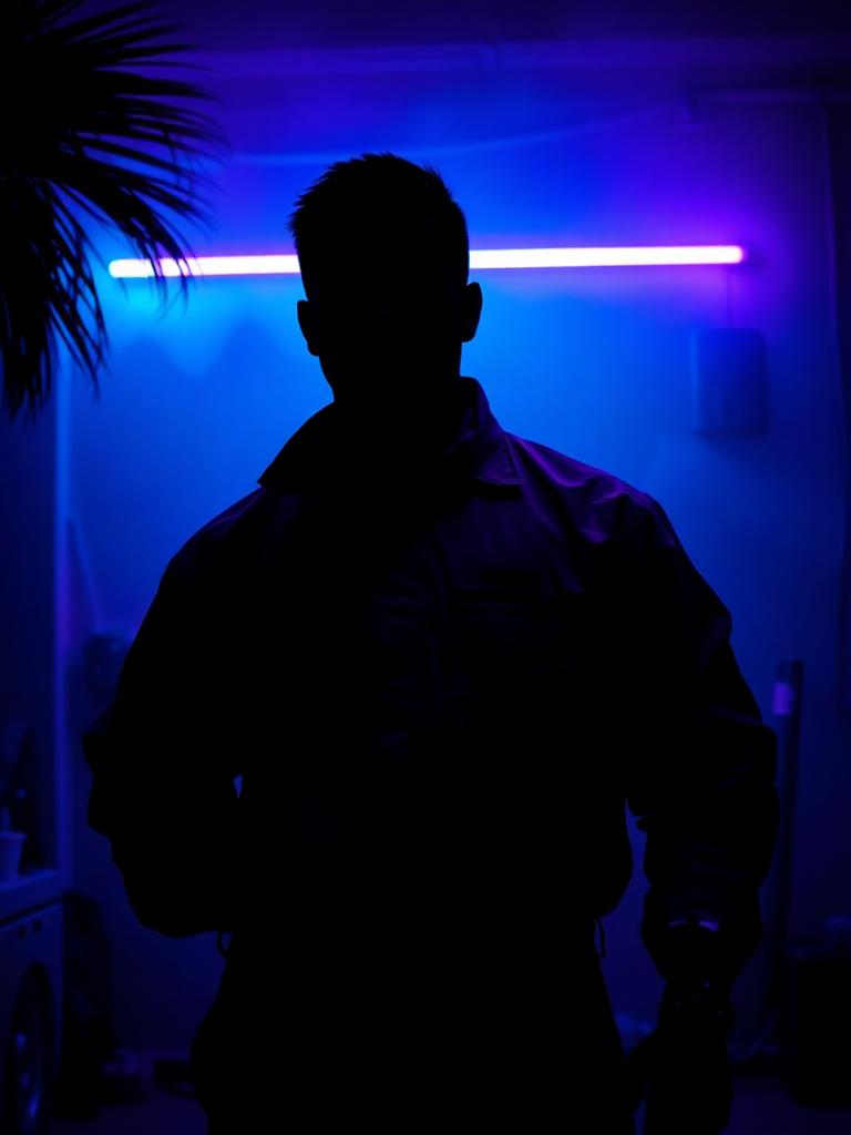 Silhouette of a mechanic figure backlit by purple neon light
