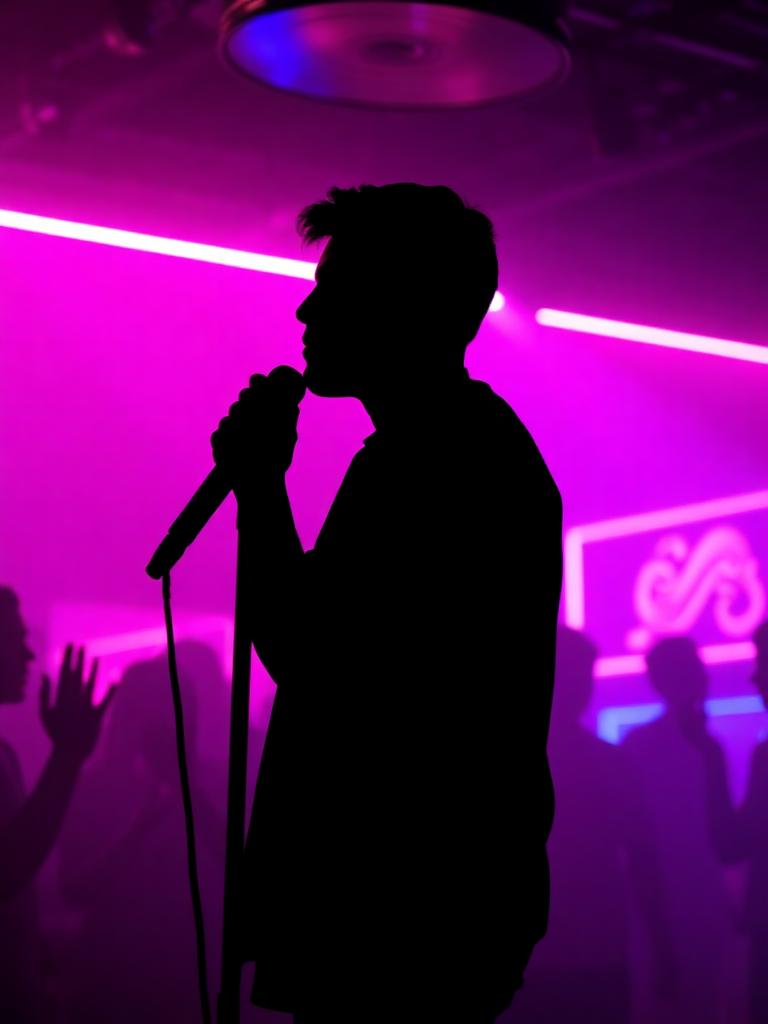 Silhouette of a singer holding a microphone under neon light