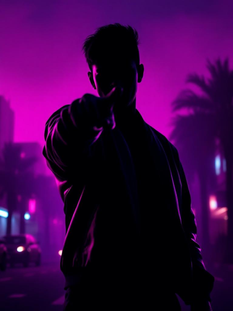 Silhouette of a figure pointing forward against a neon street