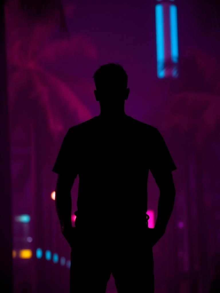 Jason, GTA 6 protagonist, against cyan and magenta neon light