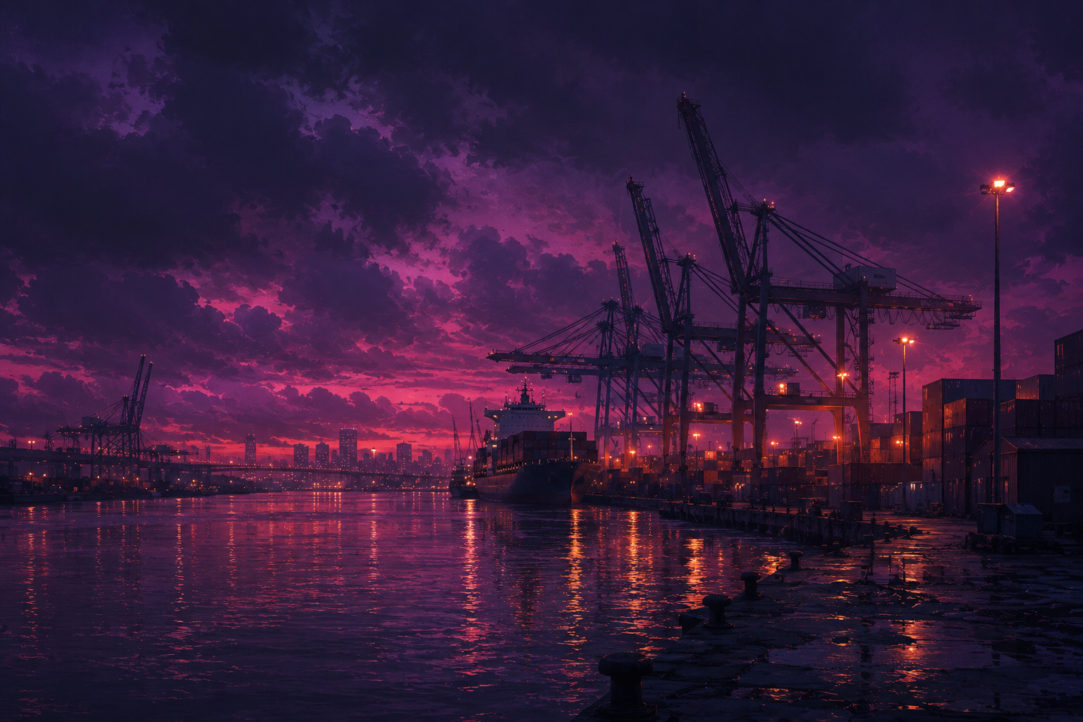 Port Gellhorn industrial harbor at dusk