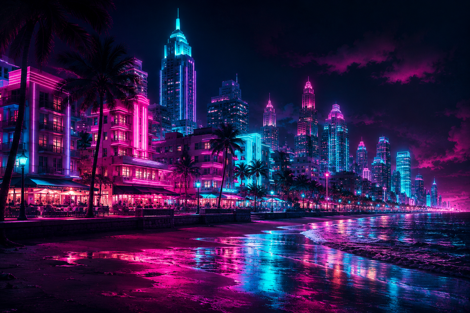 Neon-lit Vice City skyline at night