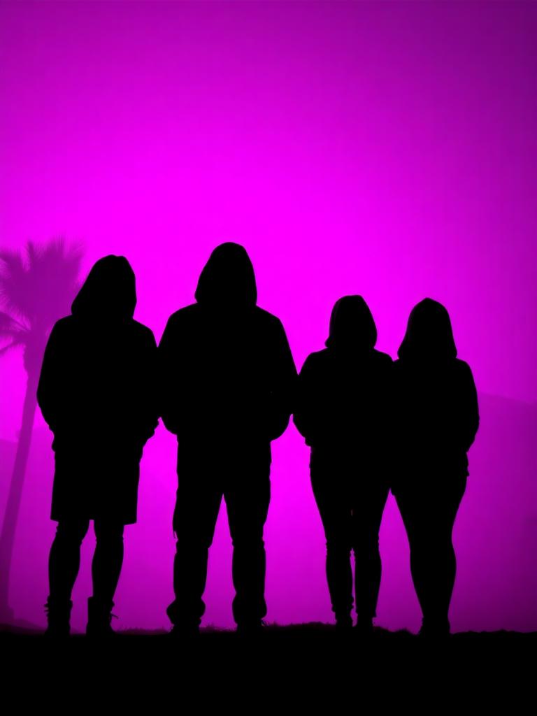 Group silhouette of four figures against a magenta neon backdrop