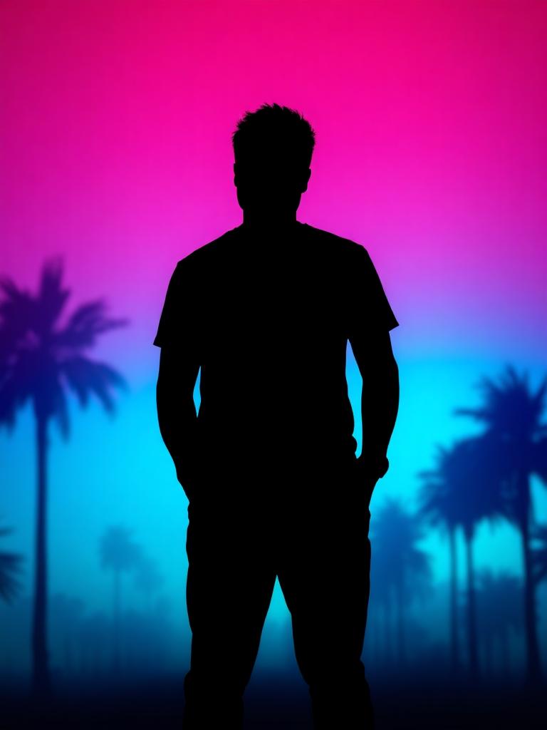 Silhouette of a figure with hands in pockets against pink and cyan neon light